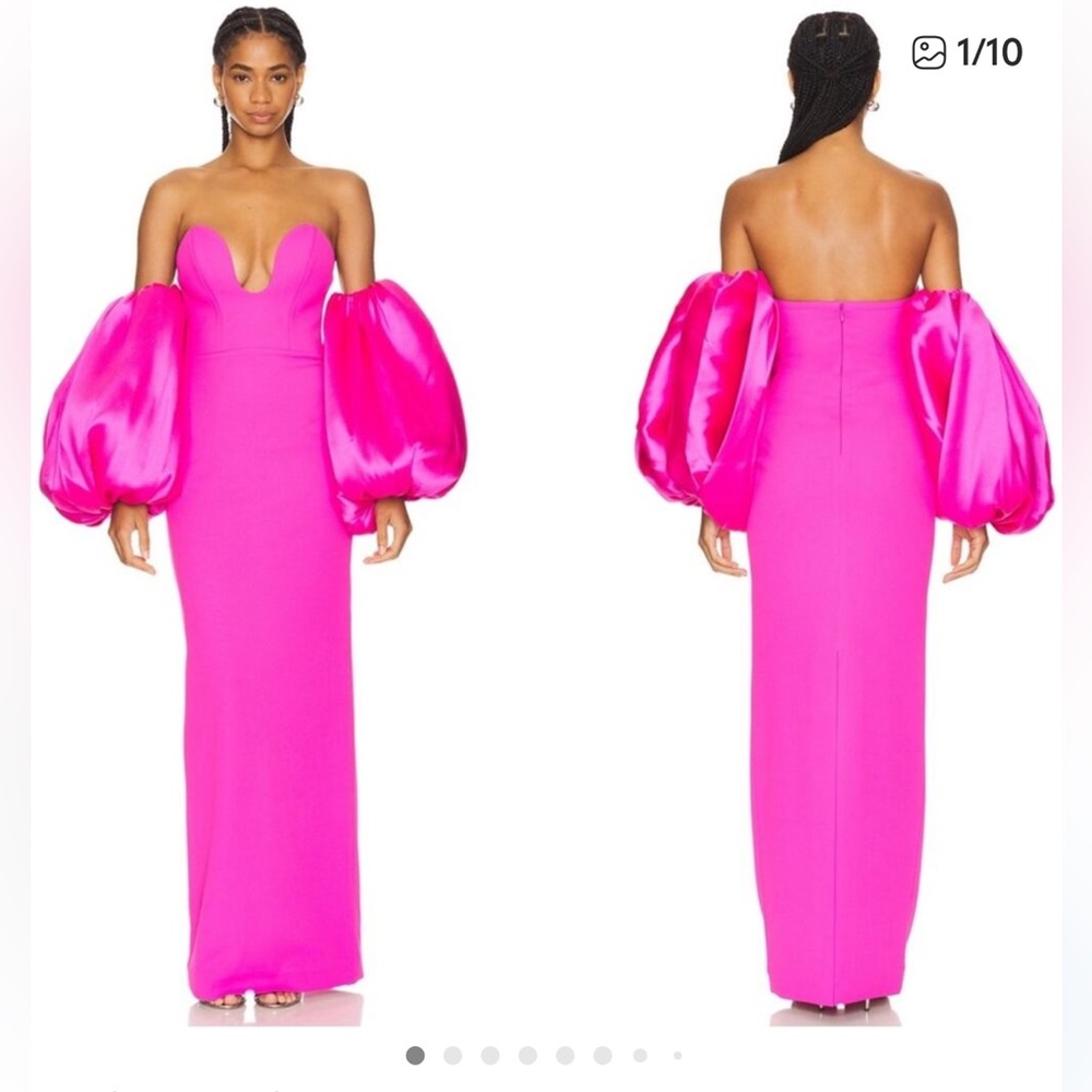 Solace London Strapless Hot Pink Gown with Statement Puff Sleeves